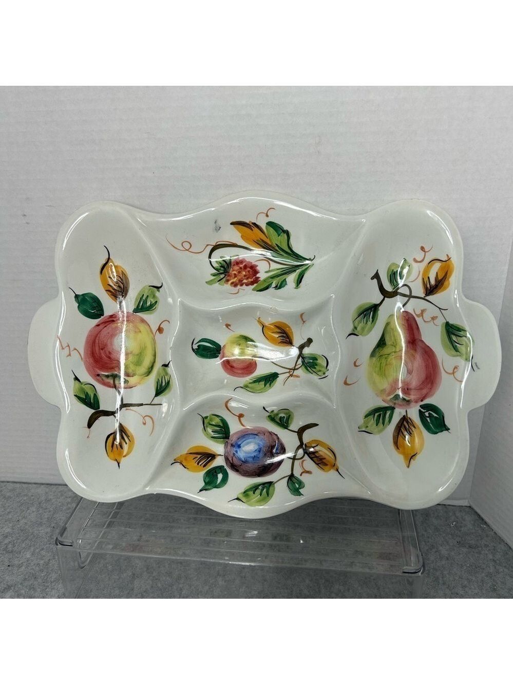 Vintage Italian Hand Painted Fruit Ceramic Dish Trinket Snacks 5 Sections Flaws